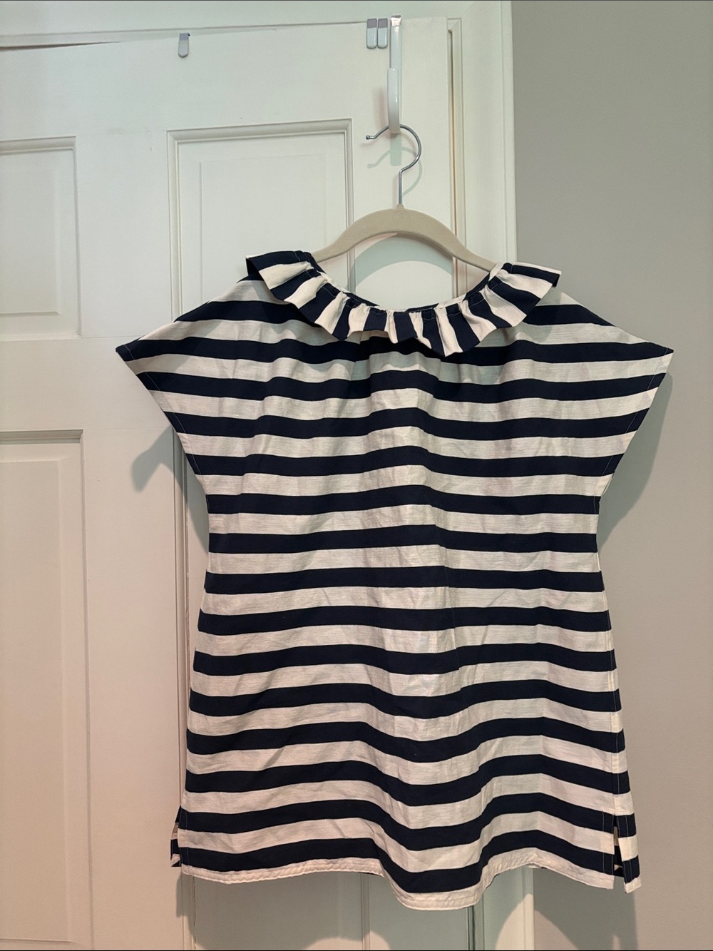 ANN MASHBURN Navy and White Striped Ruffle Neck Top